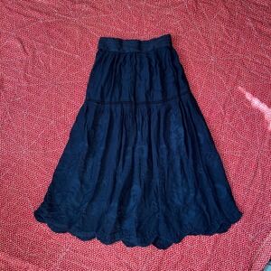 Monoreno Black Embroidered Eyelet Scalloped maxi Skirt Medium Boho 70s Style